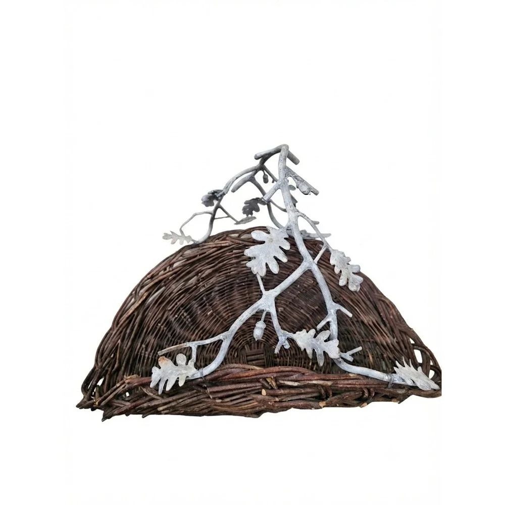 Woven Grapevine Wicker Harvest Basket Large Brown Metal Oak Branch Handle 29in